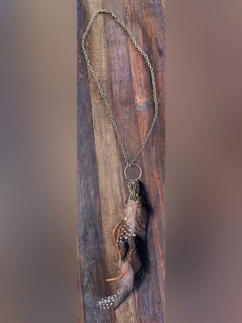 Boho Feather Pendant Necklace - Gold Tone with Black and Beige Feathers
